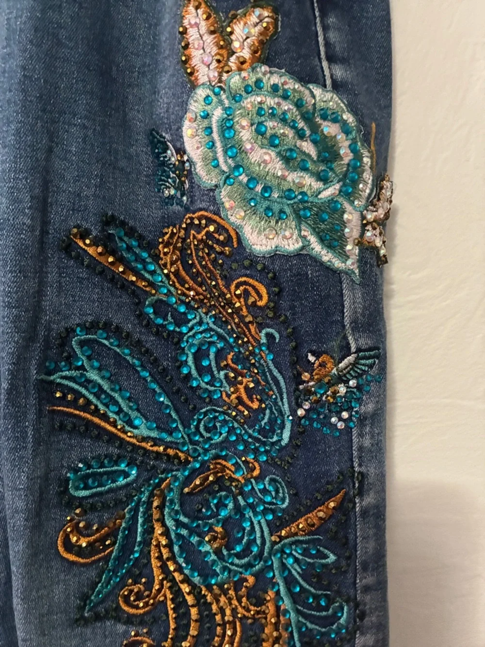 Juliette Embellished Dark Blue Jeans with Teal & Bronze Floral Detail - Picture 4 of 11